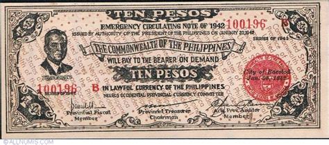 1942 Philippines 10 Pesos values and price guide .